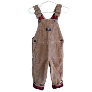 OshKosh B’Gosh Tan Corduroy Overalls Buffalo Check Plaid Lining Size 2T GUC
